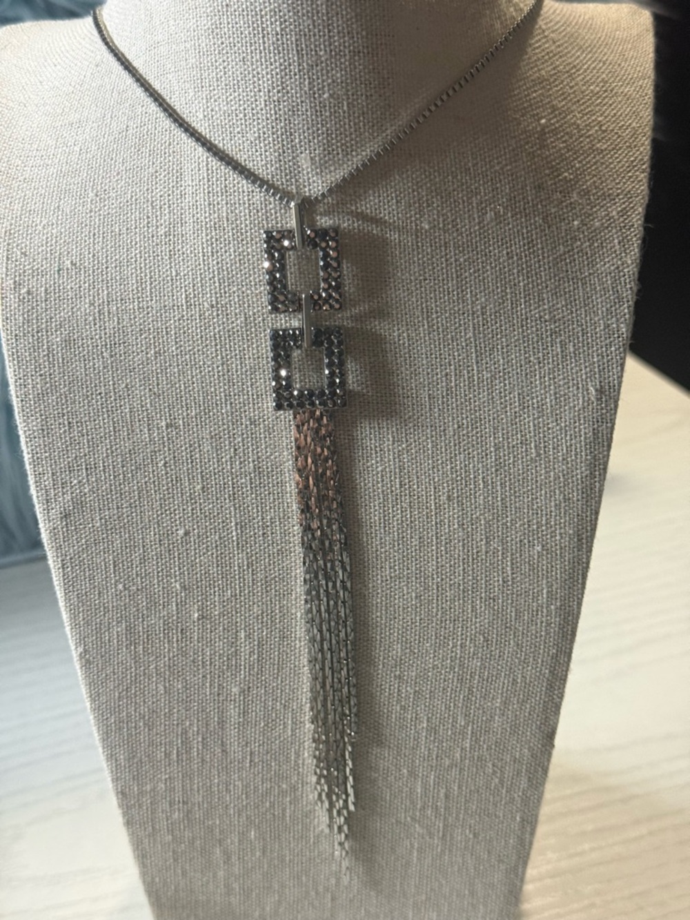 Sterling Silver Tone Double Square Tassel Pendant Necklace - Silver